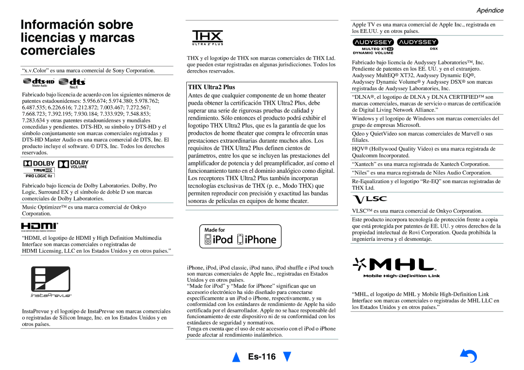 Onkyo TX-NR1010 manual Información sobre licencias y marcas comerciales, Es-116, THX Ultra2 Plus 