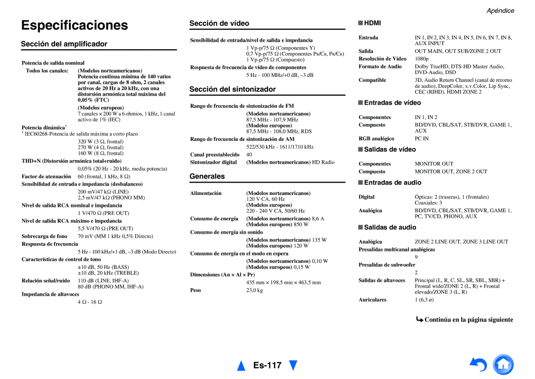 Onkyo TX-NR1010 manual Especificaciones, Es-117 