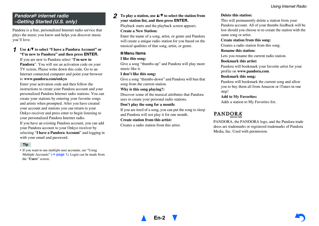 Onkyo TX-NR1010 manual En-2, Pandora internet radio, Getting Started U.S. only, Menu Items 