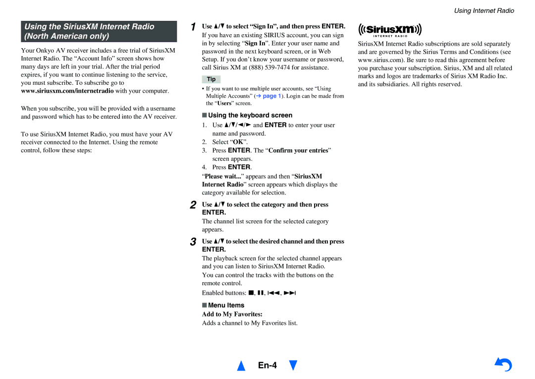 Onkyo TX-NR1010 manual En-4, Using the SiriusXM Internet Radio North American only 