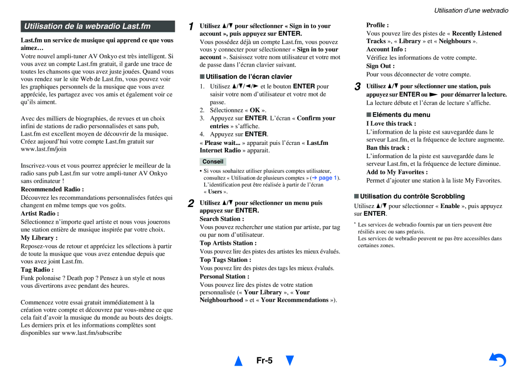 Onkyo TX-NR1010 manual Fr-5, Utilisation de la webradio Last.fm, Pour vous déconnecter de votre compte 