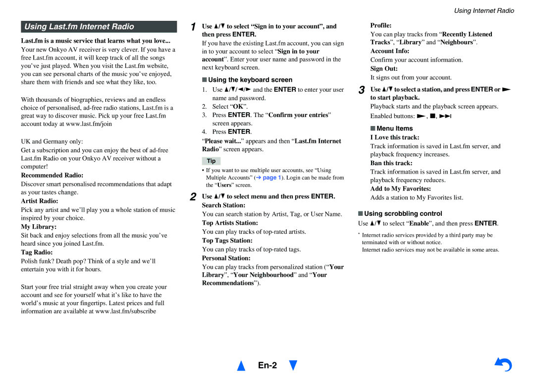 Onkyo TX-NR1010 manual Using Last.fm Internet Radio, Recommendations 