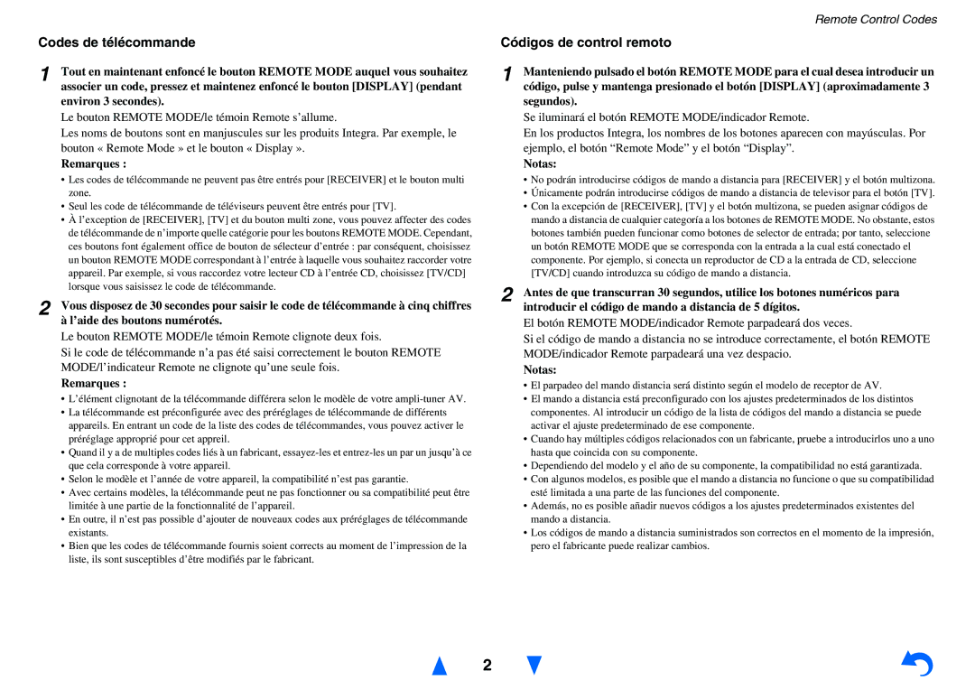 Onkyo TX-NR1010 manual Codes de télécommande, Códigos de control remoto, Remarques, Notas 