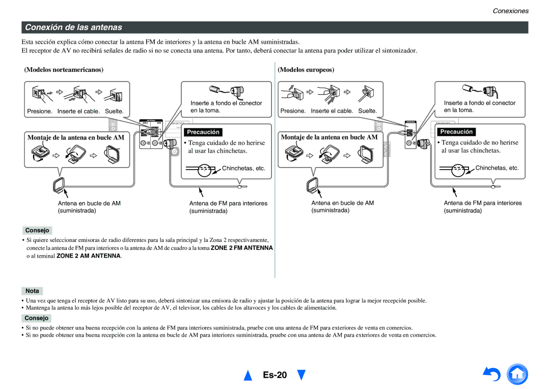Onkyo TX-NR1010 Es-20, Conexión de las antenas, Modelos norteamericanos Modelos europeos, Montaje de la antena en bucle AM 