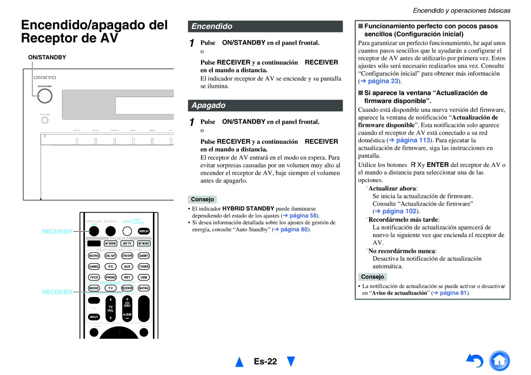 Onkyo TX-NR1010 manual Encendido/apagado del, Receptor de AV, Es-22, Apagado 