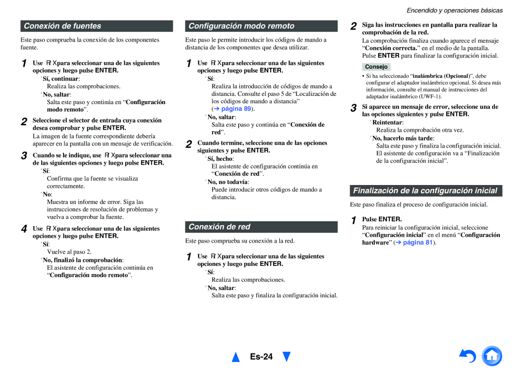 Onkyo TX-NR1010 manual Es-24, Conexión de fuentes, Configuración modo remoto, Conexión de red 