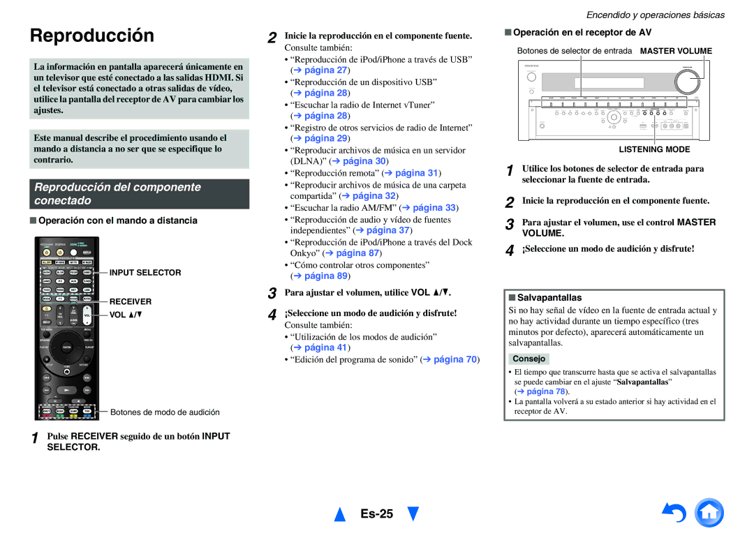 Onkyo TX-NR1010 manual Es-25, Reproducción del componente conectado, Volume 