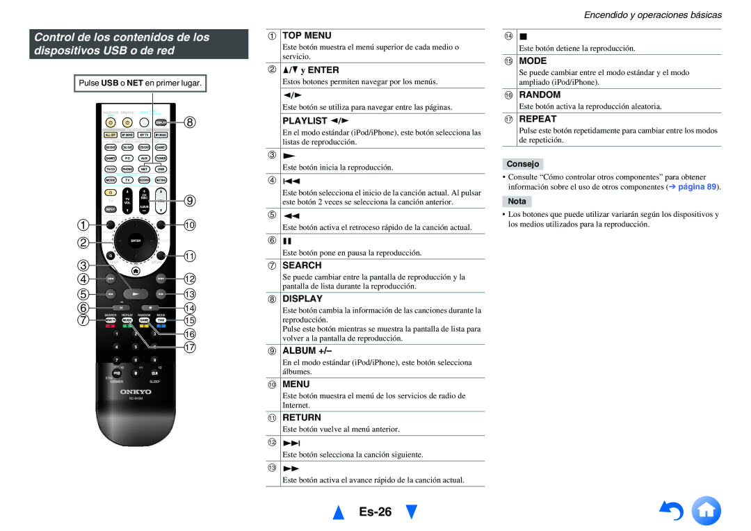 Onkyo TX-NR1010 manual Es-26, Control de los contenidos de los dispositivos USB o de red 