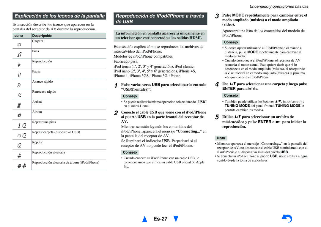Onkyo TX-NR1010 manual Es-27, Explicación de los iconos de la pantalla, Reproducción de iPod/iPhone a través de USB 