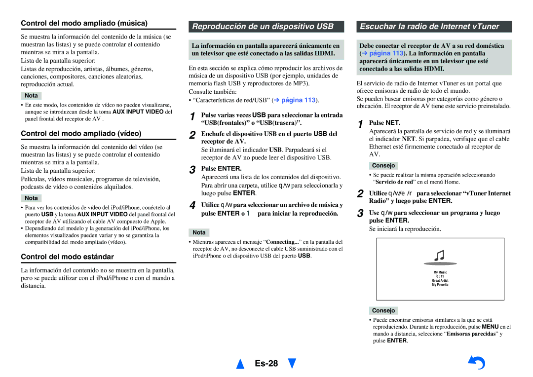 Onkyo TX-NR1010 manual Es-28, Reproducción de un dispositivo USB, Escuchar la radio de Internet vTuner 
