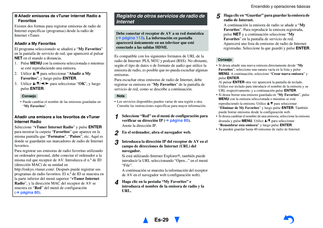 Onkyo TX-NR1010 manual Es-29, Registro de otros servicios de radio de Internet, Añadir a My Favorites 