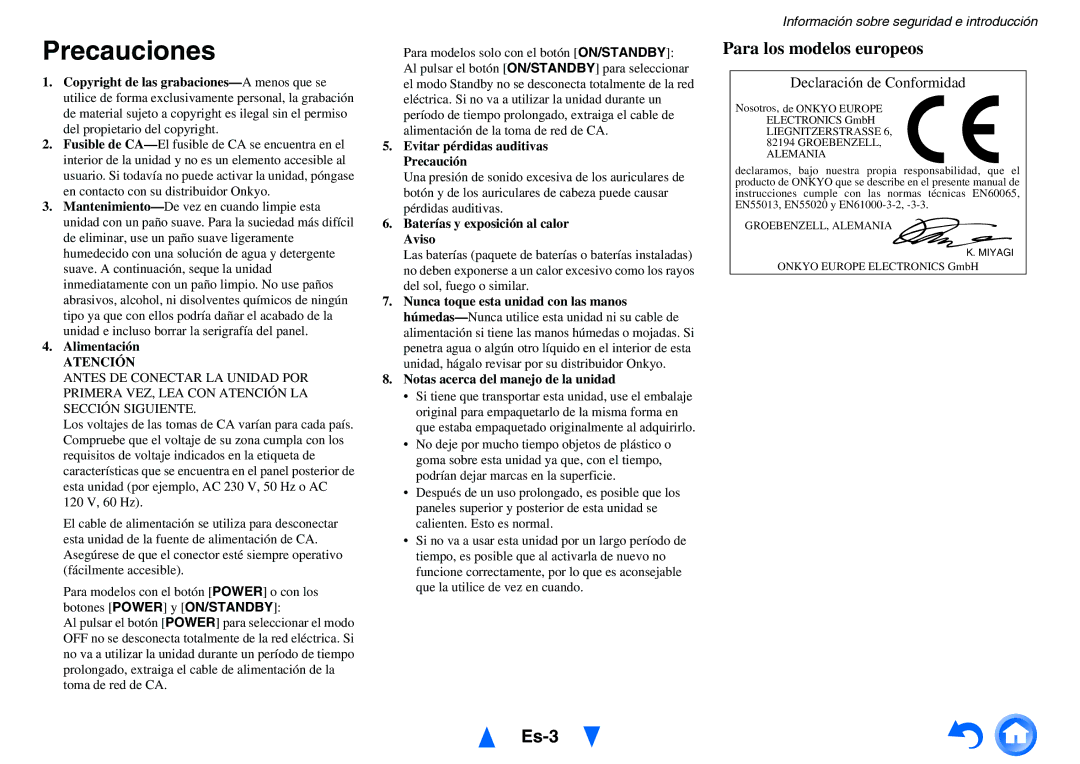 Onkyo TX-NR1010 manual Precauciones, Es-3, Alimentación, Evitar pérdidas auditivas Precaución 