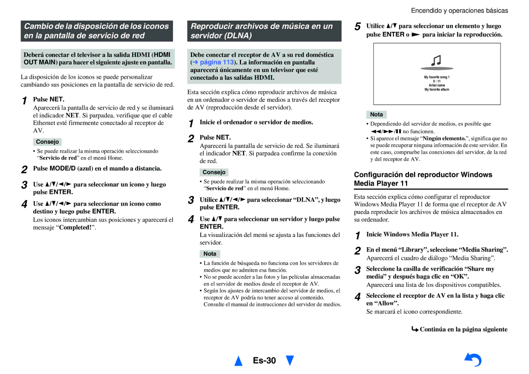 Onkyo TX-NR1010 manual Es-30, Reproducir archivos de música en un servidor Dlna, Enter 