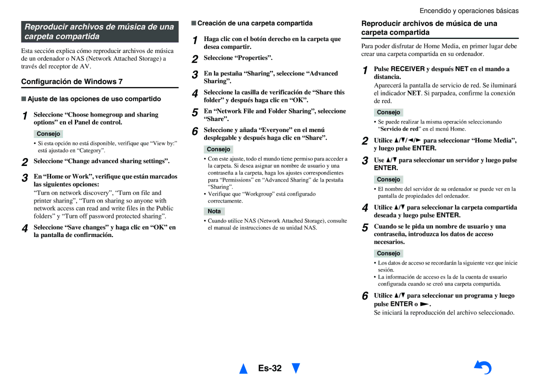 Onkyo TX-NR1010 manual Es-32, Reproducir archivos de música de una carpeta compartida, Configuración de Windows 