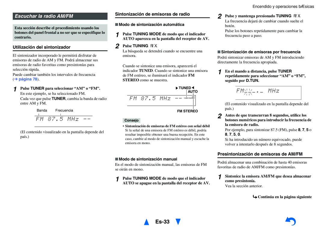 Onkyo TX-NR1010 manual Es-33, Escuchar la radio AM/FM, Utilización del sintonizador, Sintonización de emisoras de radio 