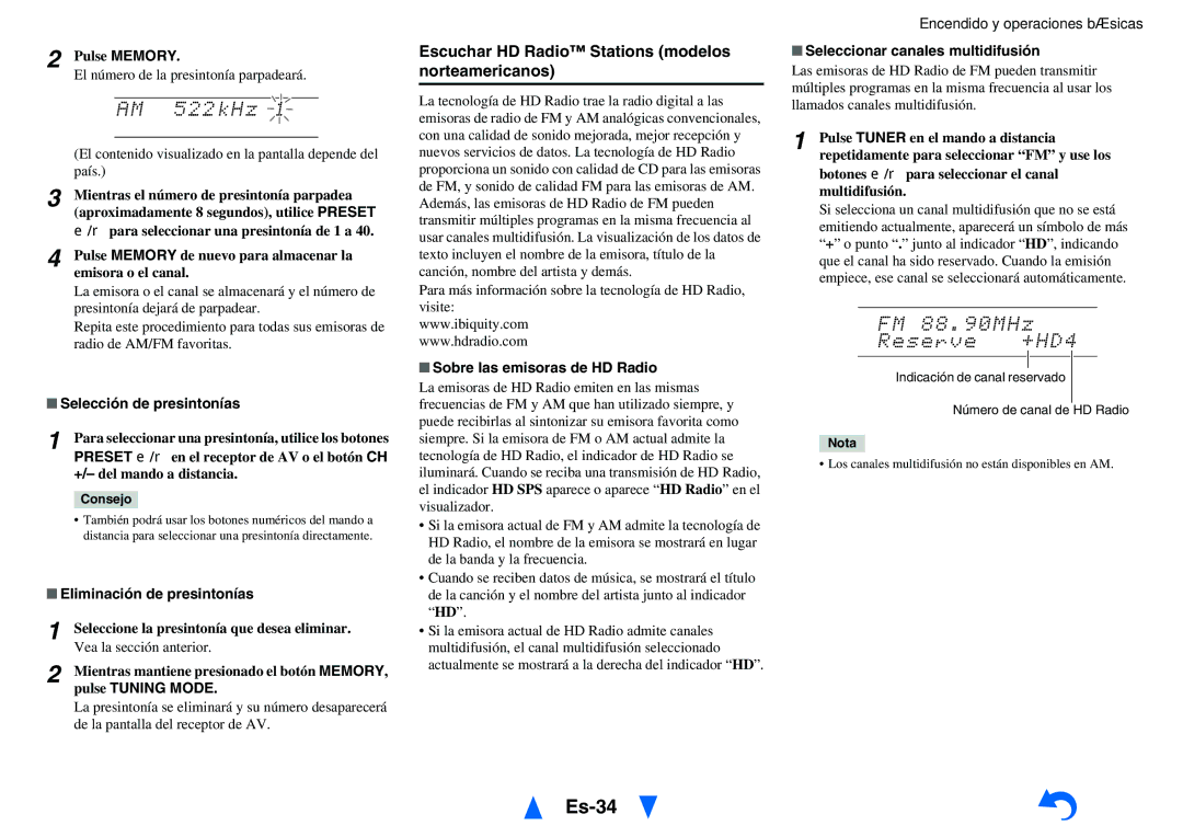Onkyo TX-NR1010 manual Es-34, Escuchar HD Radio Stations modelos norteamericanos 