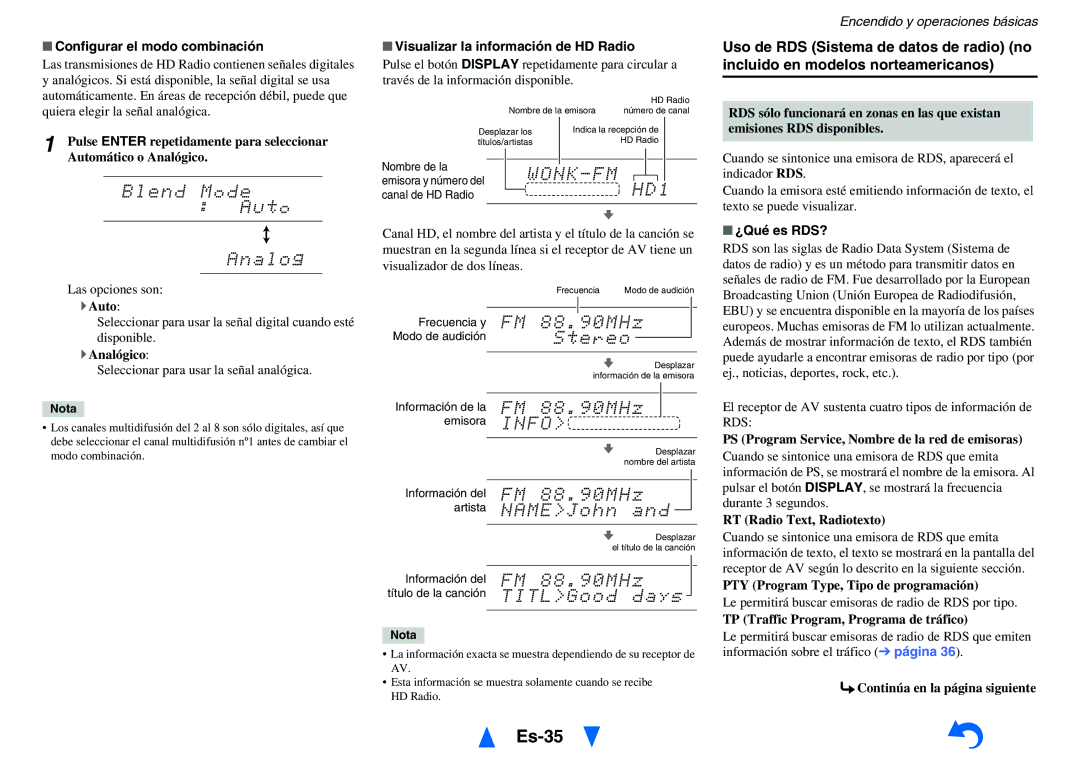 Onkyo TX-NR1010 manual Es-35, Configurar el modo combinación, Visualizar la información de HD Radio, ¿Qué es RDS? 