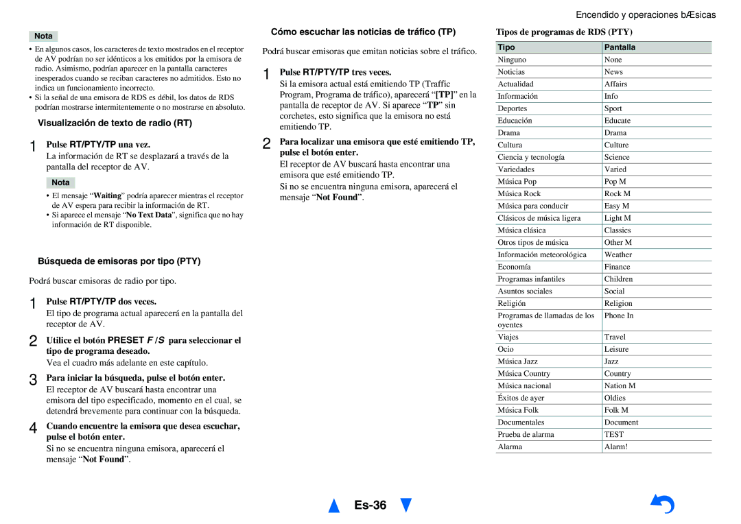 Onkyo TX-NR1010 manual Es-36, Visualización de texto de radio RT, Cómo escuchar las noticias de tráfico TP 