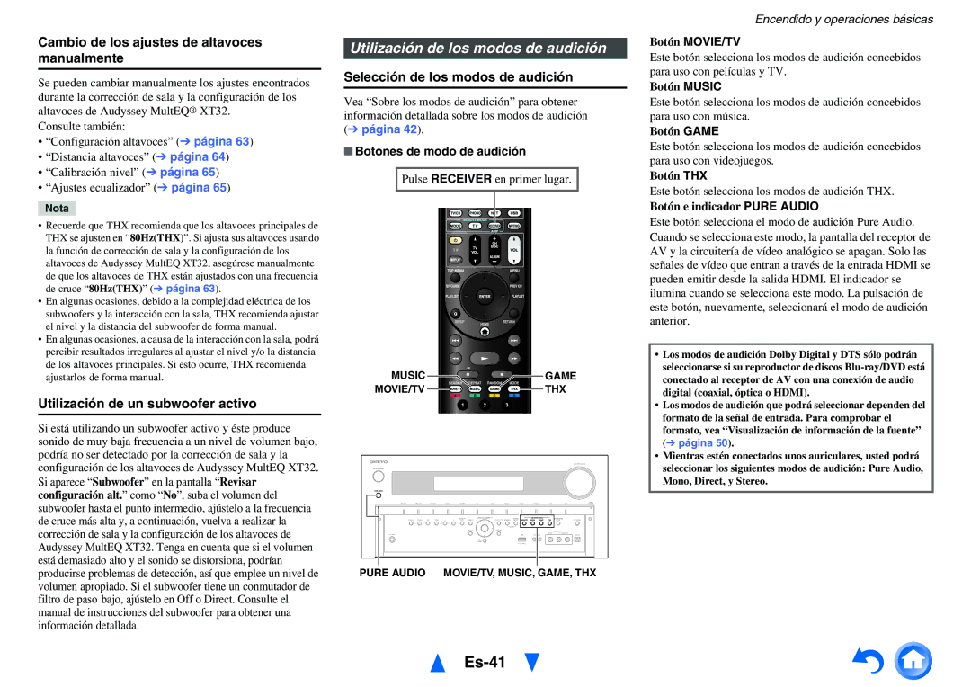 Onkyo TX-NR1010 Es-41, Utilización de los modos de audición, Cambio de los ajustes de altavoces manualmente 