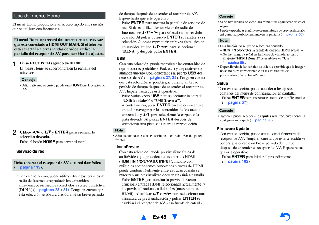 Onkyo TX-NR1010 manual Es-49, Uso del menú Home, Usb 