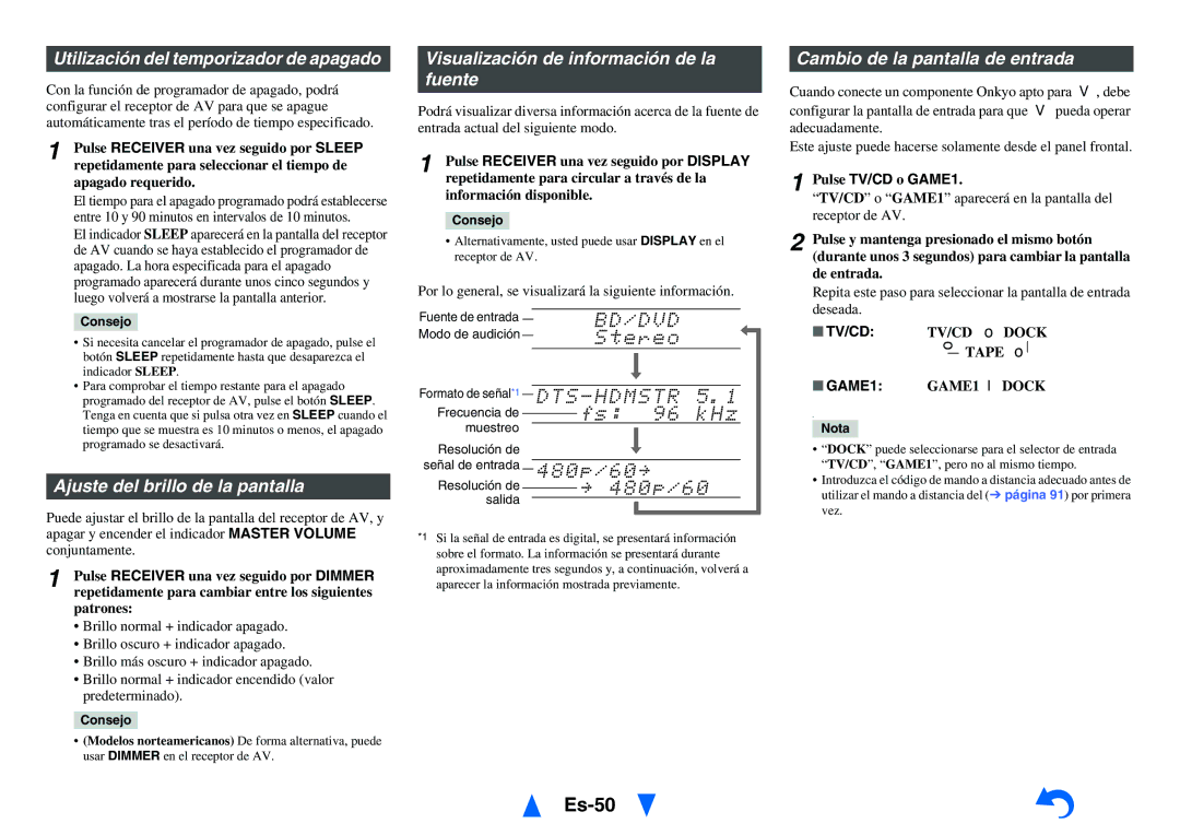 Onkyo TX-NR1010 Es-50, Ajuste del brillo de la pantalla, Visualización de información de la fuente, Pulse TV/CD o GAME1 