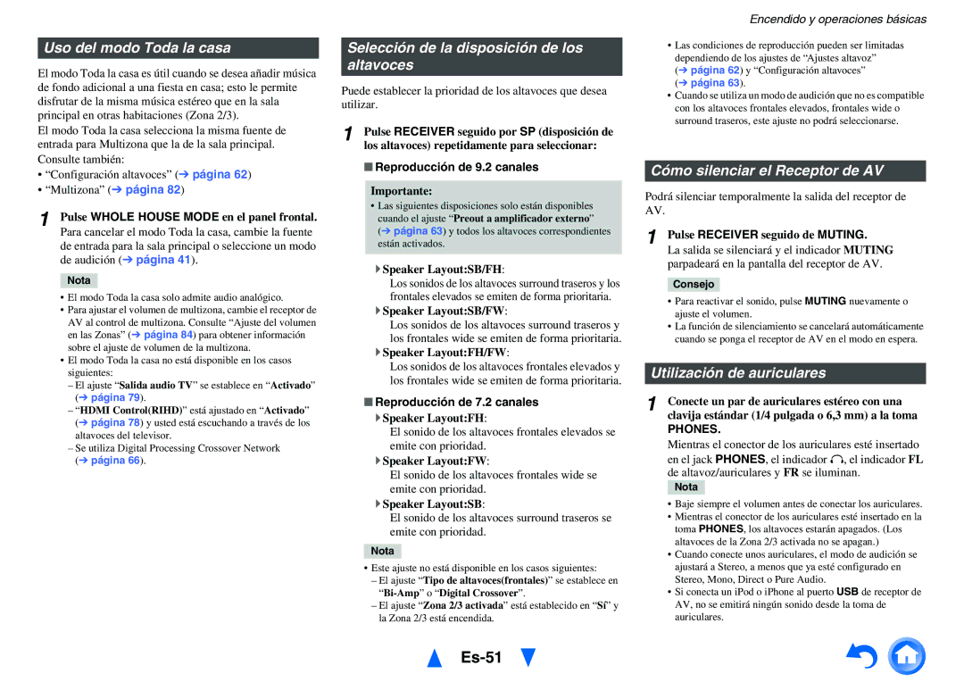 Onkyo TX-NR1010 Es-51, Uso del modo Toda la casa, Selección de la disposición de los altavoces, Utilización de auriculares 