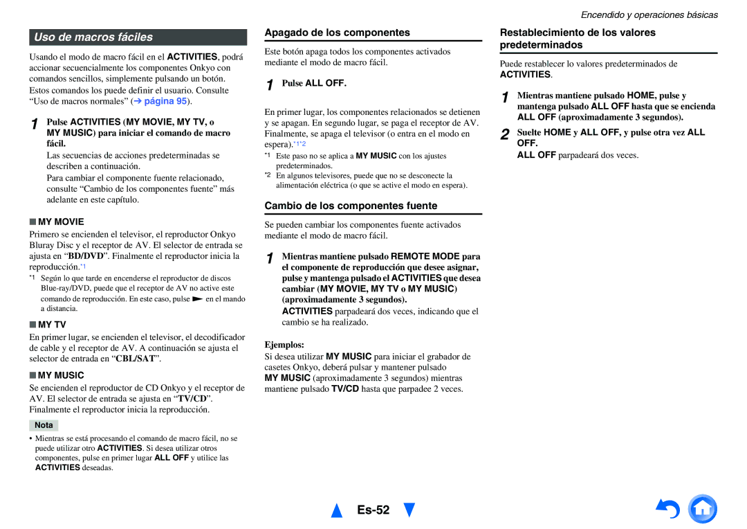 Onkyo TX-NR1010 manual Es-52, Uso de macros fáciles, Apagado de los componentes, Cambio de los componentes fuente 
