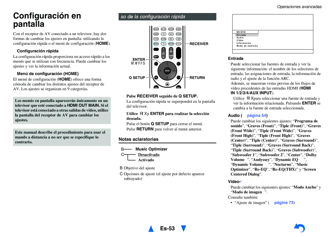 Onkyo TX-NR1010 manual Configuración en pantalla, Es-53, Uso de la configuración rápida, Notas aclaratorias 