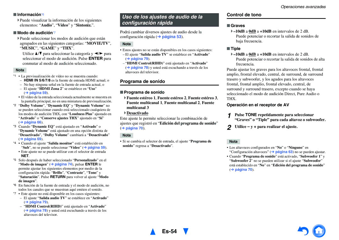 Onkyo TX-NR1010 manual Es-54, Uso de los ajustes de audio de la configuración rápida, Programa de sonido, Control de tono 