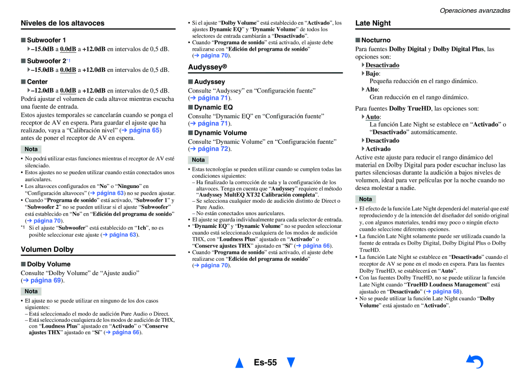 Onkyo TX-NR1010 manual Es-55, Niveles de los altavoces, Volumen Dolby, Audyssey, Late Night 