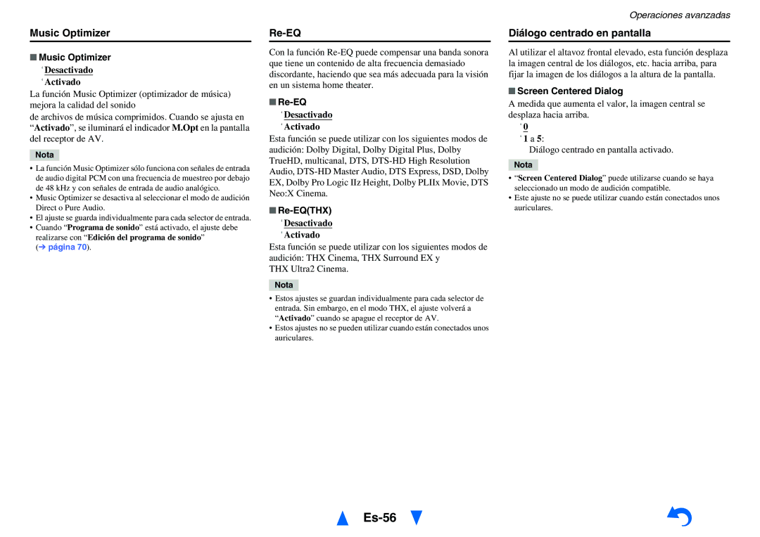 Onkyo TX-NR1010 manual Es-56, Music Optimizer, Re-EQ, Diálogo centrado en pantalla 