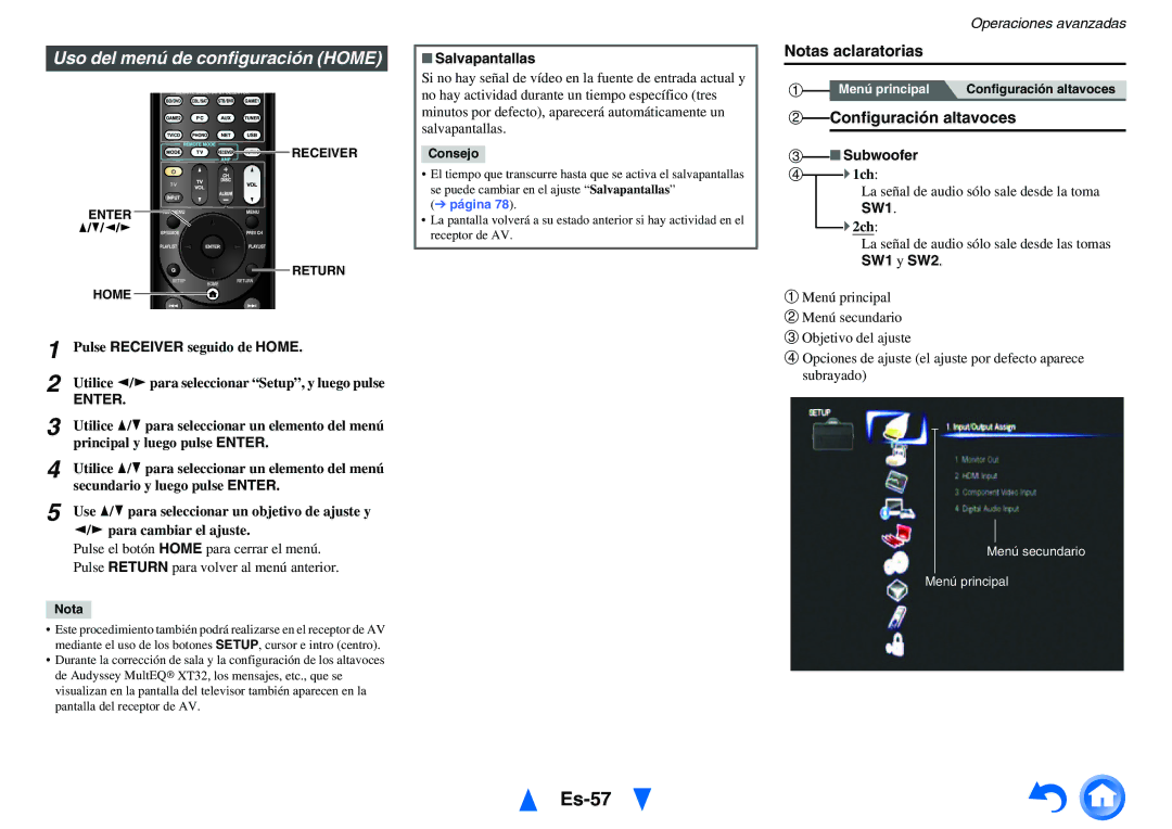 Onkyo TX-NR1010 manual Es-57, Uso del menú de configuración Home, Configuración altavoces, SW1 y SW2 