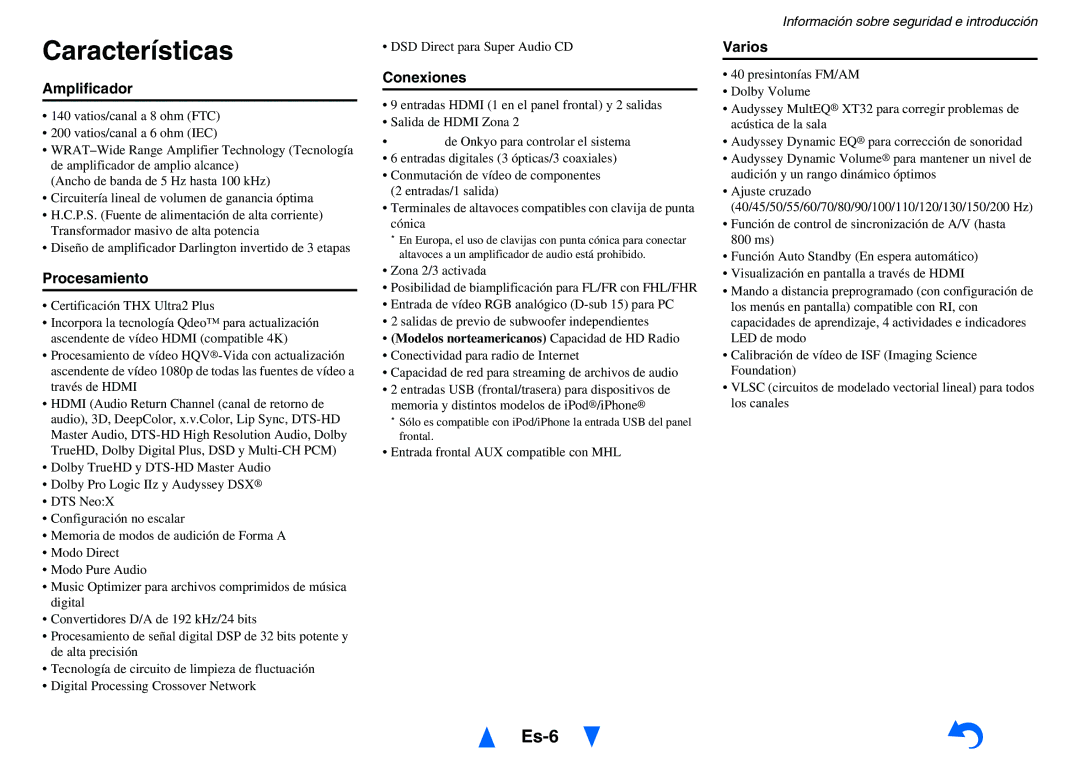 Onkyo TX-NR1010 manual Características, Es-6 