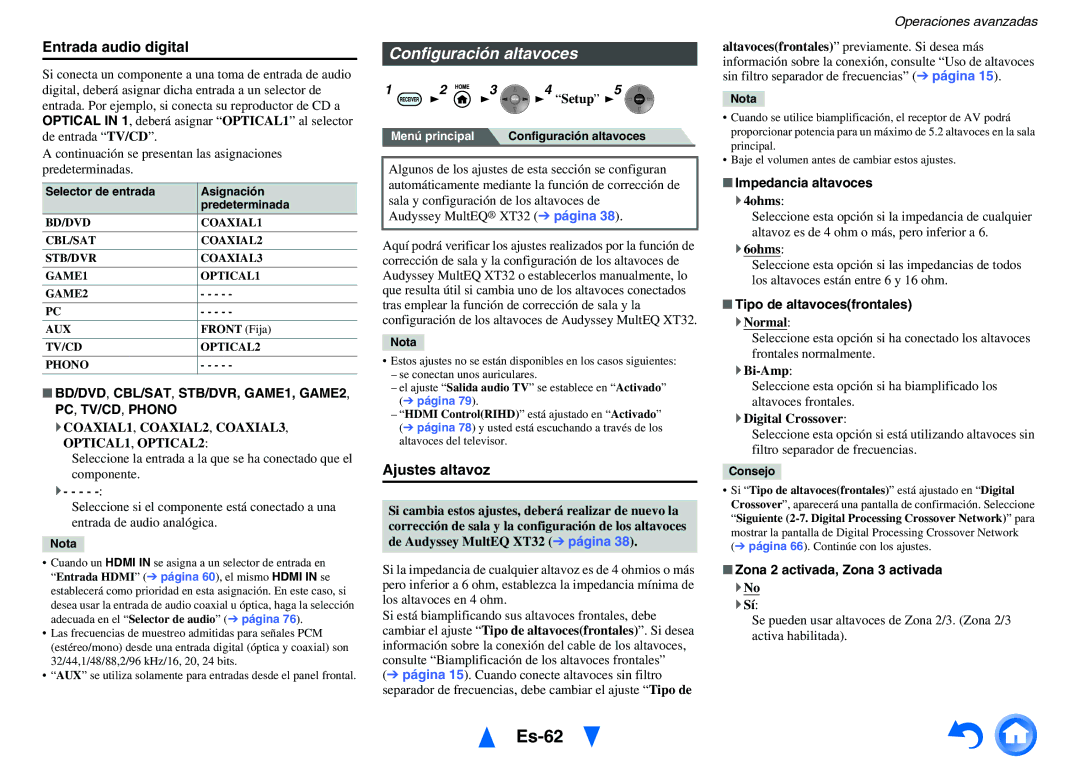 Onkyo TX-NR1010 manual Es-62, Configuración altavoces, Entrada audio digital, Ajustes altavoz 