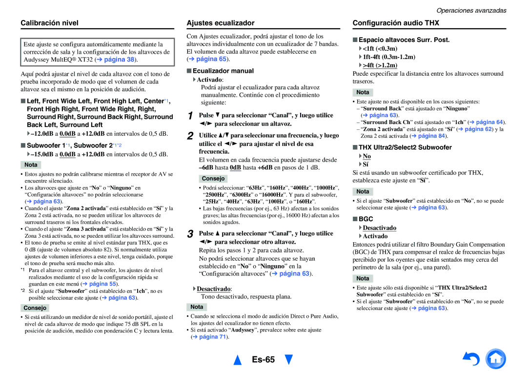 Onkyo TX-NR1010 manual Es-65, Calibración nivel, Ajustes ecualizador, Configuración audio THX, Bgc 