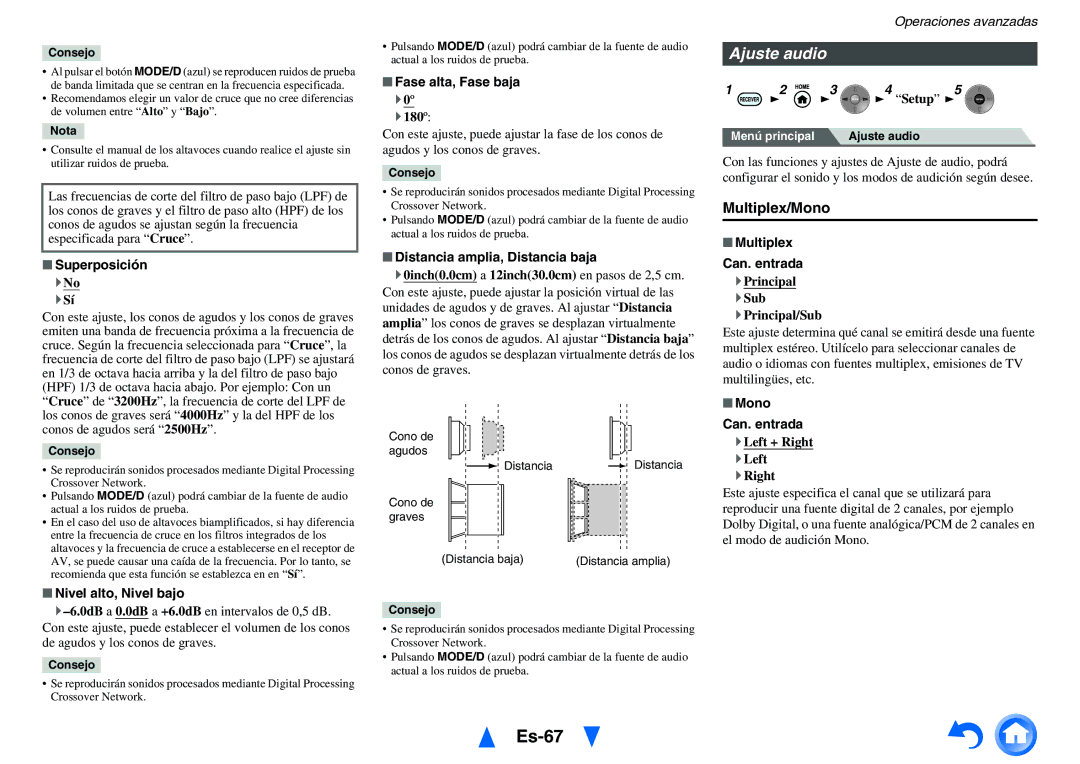 Onkyo TX-NR1010 manual Es-67, Ajuste audio, Multiplex/Mono 