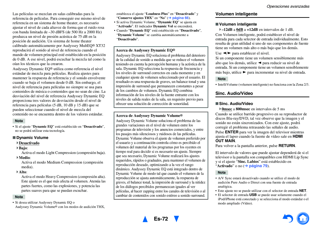 Onkyo TX-NR1010 manual Es-72, Volumen inteligente, Sinc. Audio/Vídeo 