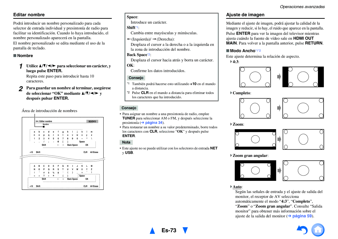 Onkyo TX-NR1010 manual Es-73, Editar nombre, Ajuste de imagen, Nombre, Modo Ancho*1*2 