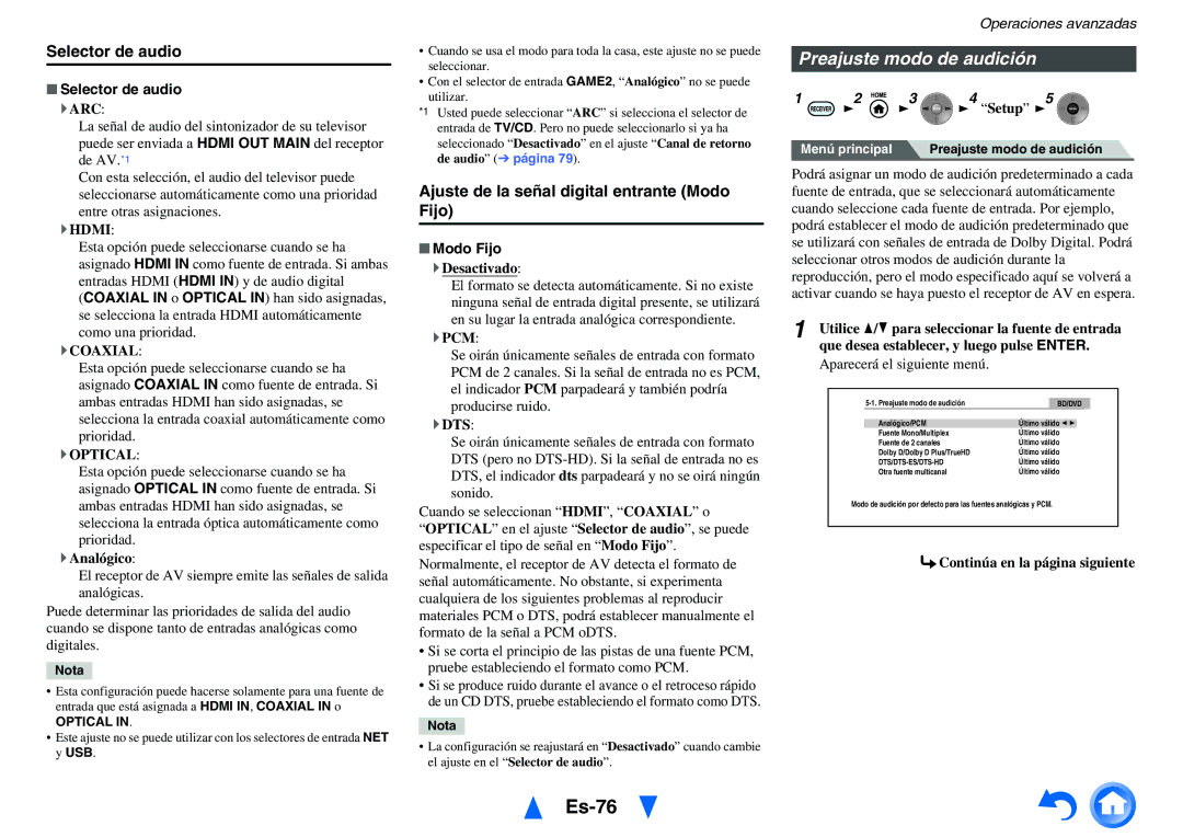 Onkyo TX-NR1010 manual Es-76, Preajuste modo de audición, Selector de audio, Ajuste de la señal digital entrante Modo Fijo 