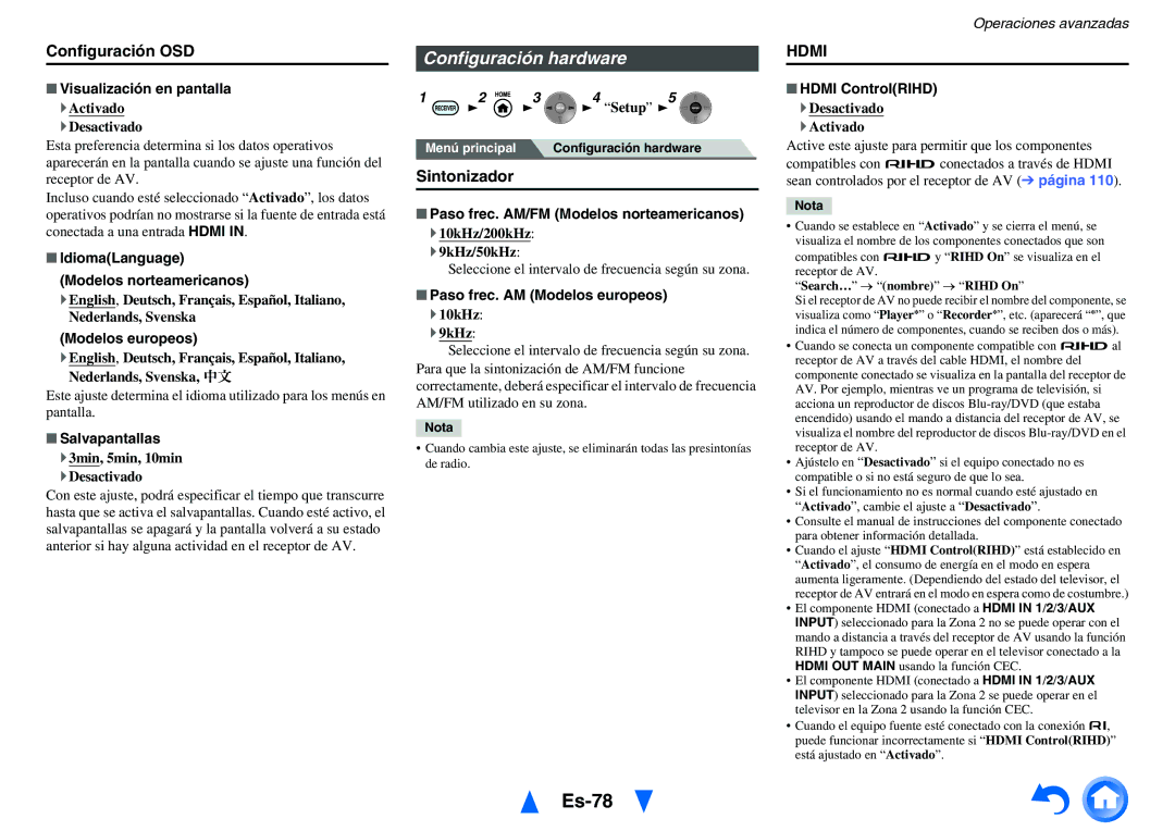 Onkyo TX-NR1010 manual Es-78, Configuración hardware, Configuración OSD, Sintonizador 