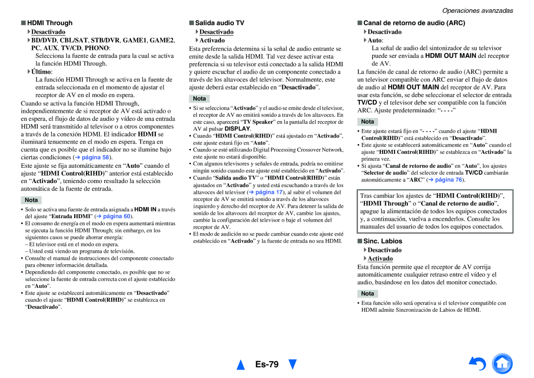Onkyo TX-NR1010 manual Es-79, Hdmi Through, Salida audio TV, Canal de retorno de audio ARC, Sinc. Labios 