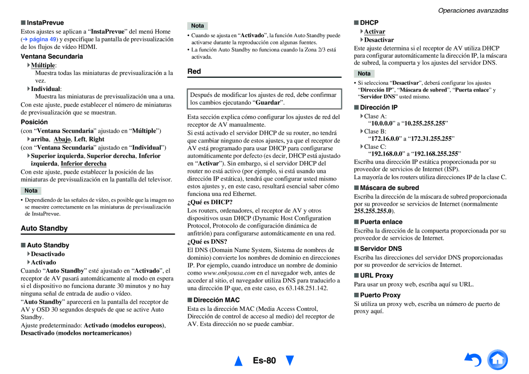 Onkyo TX-NR1010 manual Es-80, Auto Standby, Red, Dhcp 