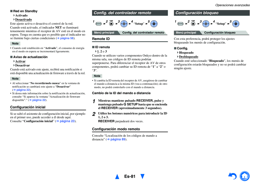 Onkyo TX-NR1010 manual Es-81, Config. del controlador remoto, Configuración bloqueo 