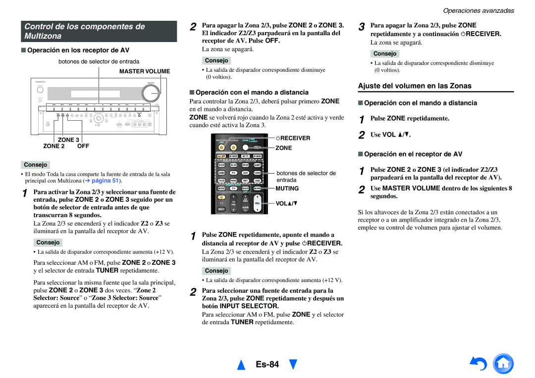 Onkyo TX-NR1010 manual Es-84, Control de los componentes de Multizona, Ajuste del volumen en las Zonas 