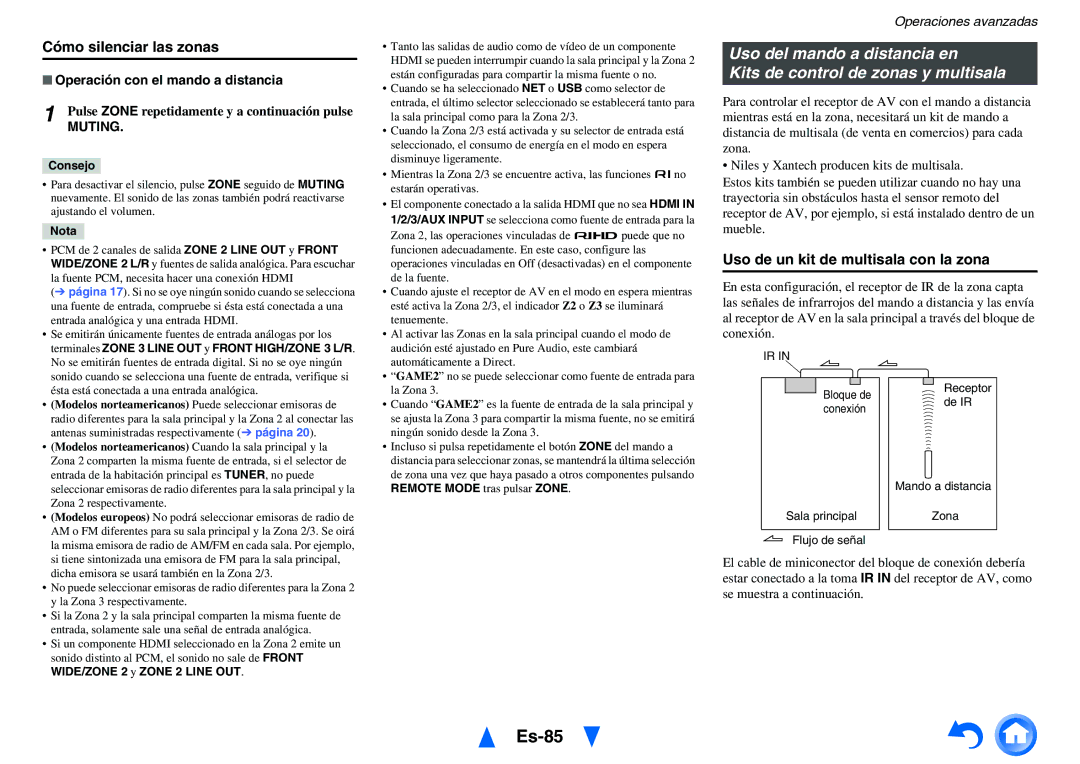 Onkyo TX-NR1010 manual Es-85, Cómo silenciar las zonas, Uso de un kit de multisala con la zona, Muting 