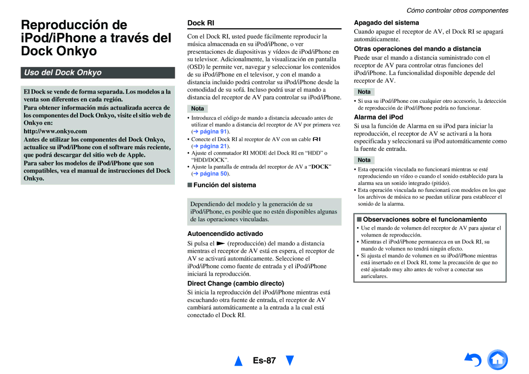 Onkyo TX-NR1010 manual Reproducción de iPod/iPhone a través del Dock Onkyo, Es-87, Uso del Dock Onkyo, Dock RI 