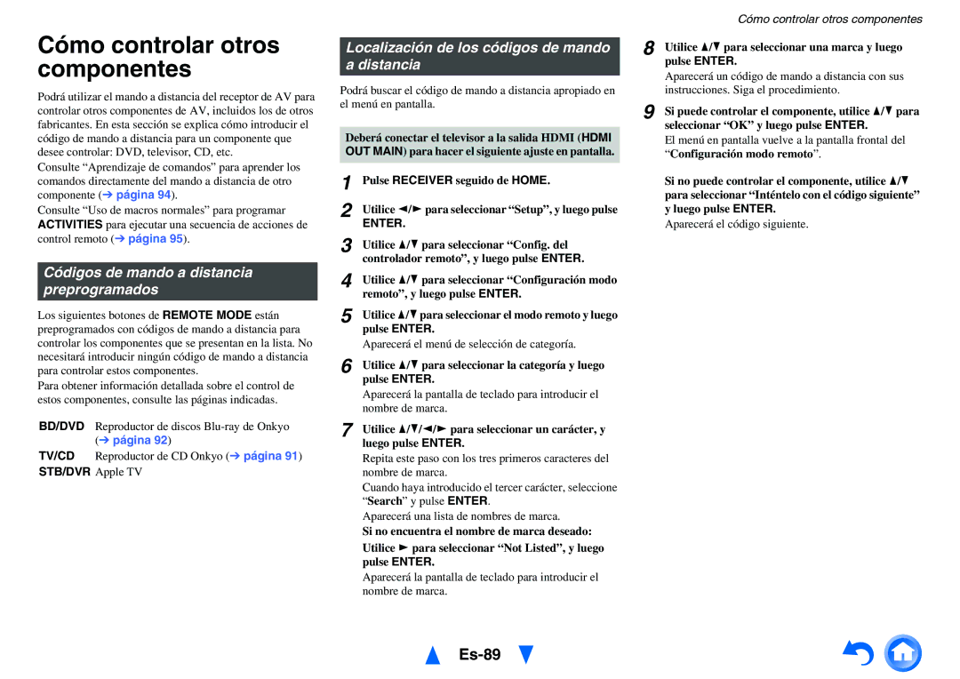 Onkyo TX-NR1010 manual Cómo controlar otros componentes, Es-89, Códigos de mando a distancia preprogramados 