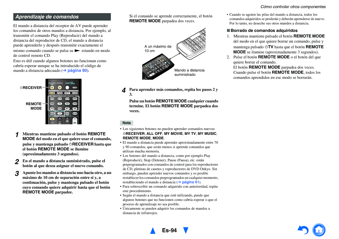 Onkyo TX-NR1010 manual Es-94, Aprendizaje de comandos, Borrado de comandos adquiridos 