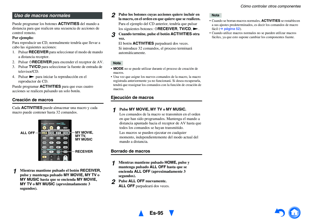 Onkyo TX-NR1010 manual Es-95, Uso de macros normales, Creación de macros, Ejecución de macros, Borrado de macros 