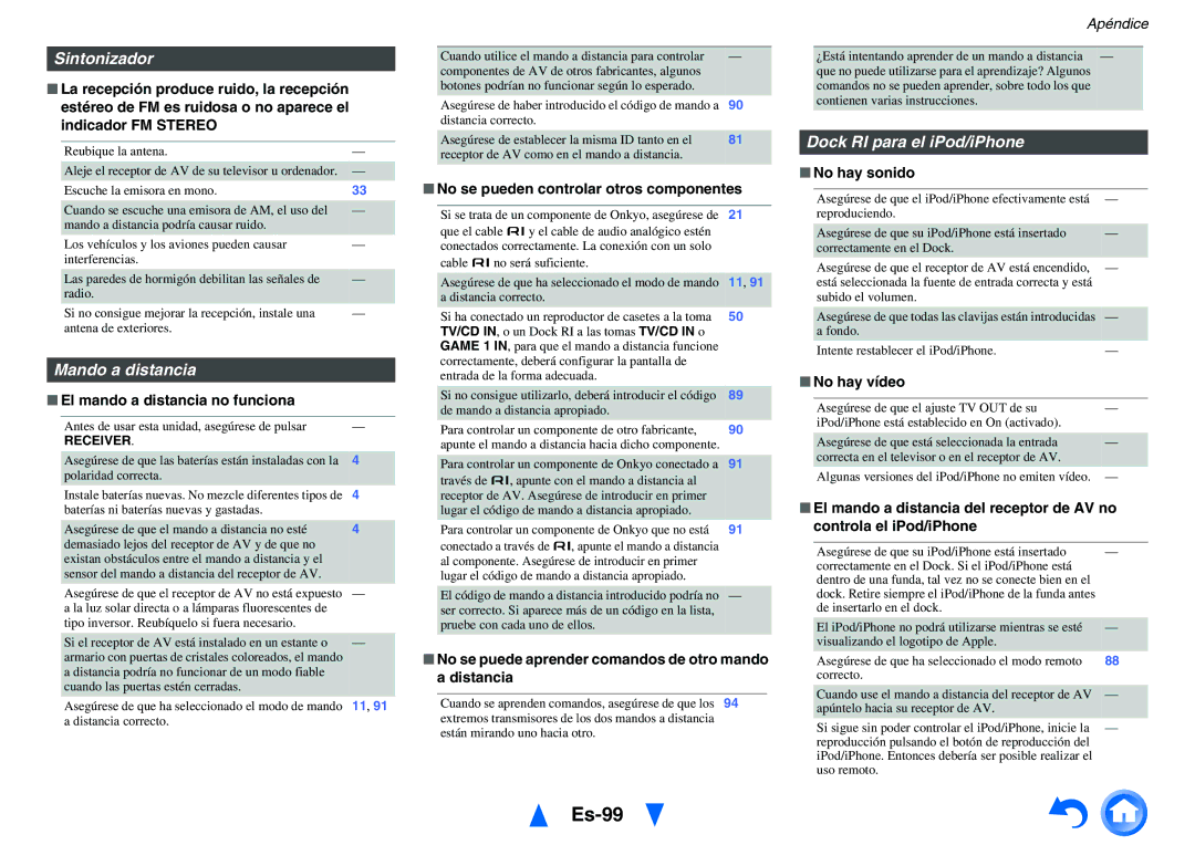 Onkyo TX-NR1010 manual Es-99, Sintonizador, Mando a distancia, Dock RI para el iPod/iPhone 